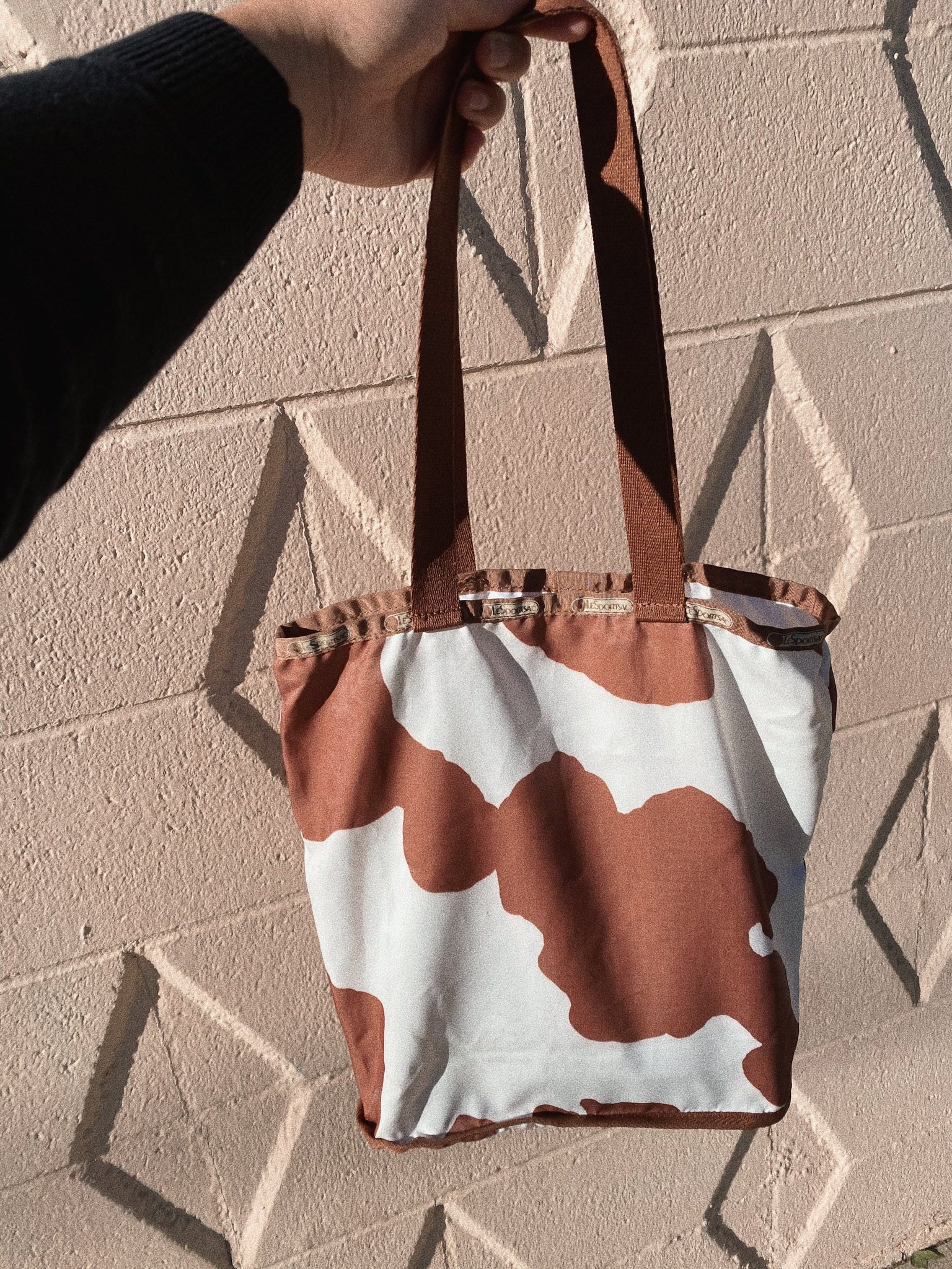 Vintage Rare Le Sport Sac Brown and White Cow Print Tote Bag/Purse/Shoulder  Bag/Book Bag with Matching Makeup Bag